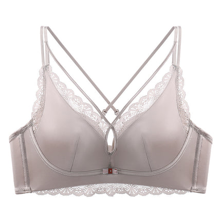 New hollow-out breast shaping with satin underwear thickened steamed bread cup small chest push up sexy cross back bra foreign trade