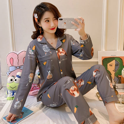 [Factory Wholesale] Women's Pure Cotton Pajamas, Spring and Autumn Style, Long-Sleeved, Long Pants, Can Be Worn Outside, Sweet Student Homewear Set