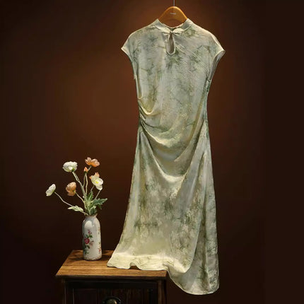 New Chinese Style Imitation Silk Improved Cheongsam dress 2024 Summer New Vintage National Style Green Midi Dress