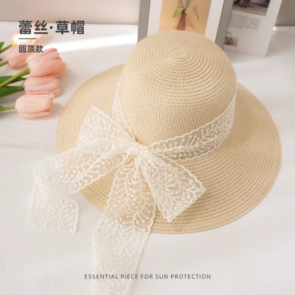 [Great Value] French Style Socialite Flat Top Hat 2025 New Summer Elegant Pearl String Sunshade Woven Straw Hat