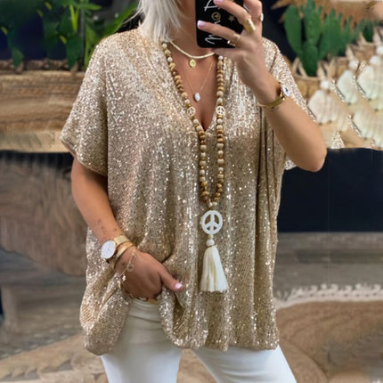 2025 New European and American Amazon Short-Sleeved Urban Casual Color Loose Pullover Sequined V Neck T-Shirt Tops for Women