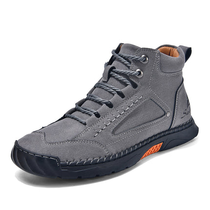 Cross-Border Plus-Size Men's Pu Leather Boots, Men's Fashion Handmade Stitched Ankle Boots, Flat Lace-Up Casual Shoes