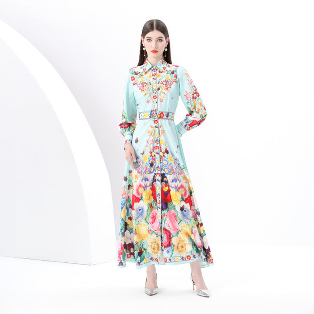 2025 early spring-palace style painted lapel single door lapel lantern sleeve retro printed dress