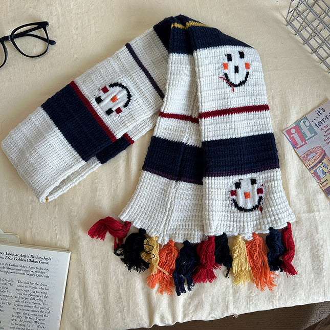 Christmas Gift ~ Smiling Snowman Scarf, Cute and Sweet Preppy Style Autumn and Winter Warm Woolen Scarf with Contrasting Colors and Versatile