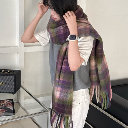 Lavender Purple and Green Wool Blend Plaid Scarf for Women, Winter Korean Style, Versatile and Warm Neck Warmer Trendy
