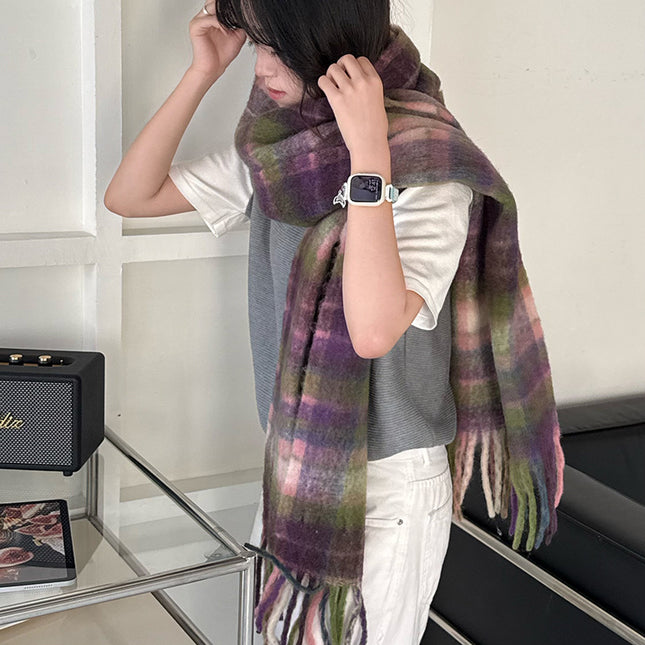 Lavender Purple and Green Wool Blend Plaid Scarf for Women, Winter Korean Style, Versatile and Warm Neck Warmer Trendy