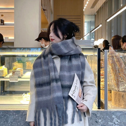 Factory new solid color haze blue scarf women's winter fluffy hair thickened students white students warm scarf