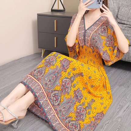 Cross-border ethnic style V-neck cotton silk short-sleeved beach skirt Thailand travel dress summer printed holiday floral skirt
