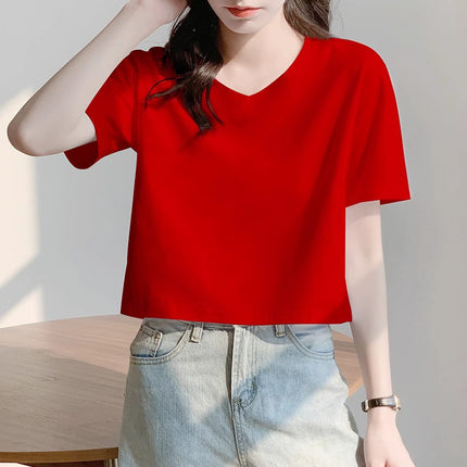 Bright Red V-Neck Short T-Shirt for Women, Summer Loose Short-Sleeve Versatile Petite High-Waisted Crop Top Base Layer