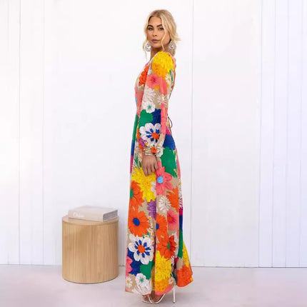 25Th European and American Export Autumn and Winter New Fashion Printed Round Neck Lantern Sleeve Long Waist Dress-23132