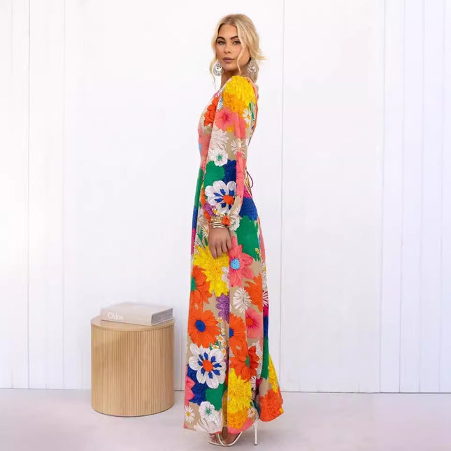 25Th European and American Export Autumn and Winter New Fashion Printed Round Neck Lantern Sleeve Long Waist Dress-23132