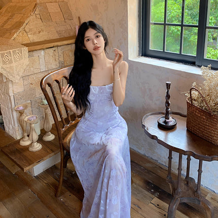 French Purple Floral Suspender Dress for Women in Summer, Chic and Good-Looking, Beach Photo Taking, Vacation Style Beach Mid-Length Skirt