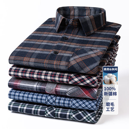 2025 Autumn New Men's Casual Fashion Brushed Plaid Long Sleeve Ready Stock No-Iron Casual Middle-Aged Tops Men's Clothing