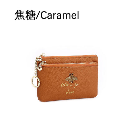 First Layer Cowhide European and American Little Bee Women's Zipper Genuine Leather Coin Purse Genuine Leather Key Ring Bag Mini Coin Bag