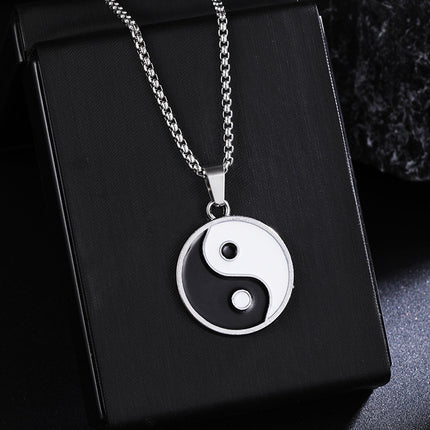 European and American Retro Diamond-encrusted Tai Chi Yin and Yang Transport Pendant Necklace Personalized Woolen Chain Fashionable Pendant Stainless Steel Accessories
