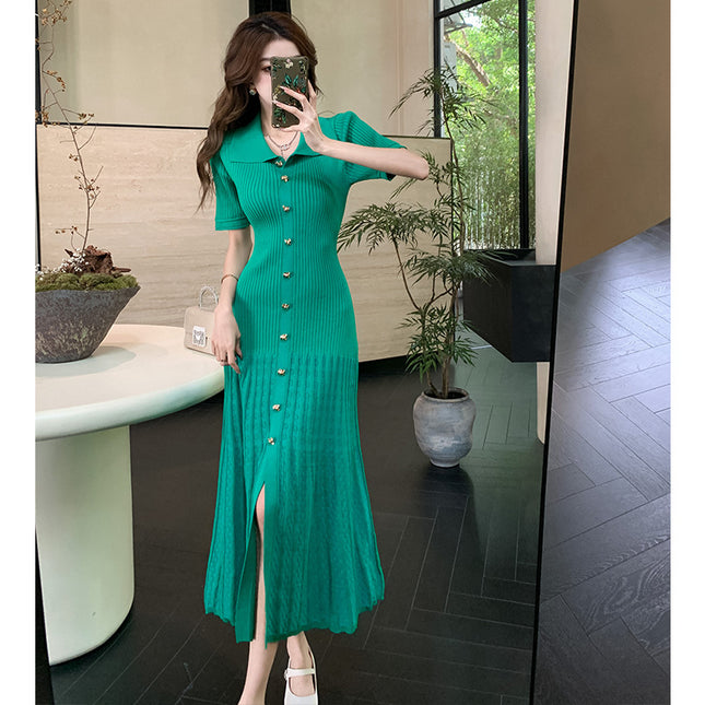 Cross-border Dopamine Green Knitted Midi Dress French Retro Elegant Elegant Tight Waist Slimming dress Summer