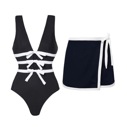 2025 European and American Swimwear New V-neck Bow Hollow Black and White Swimsuit Beach suit Women's Cross-border 25296