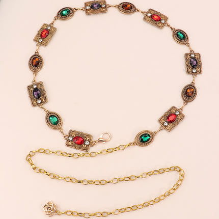 Cross-Border Vintage Bohemian Rhinestone Belt, Fashionable Hollow-Out Antique Silver Chain, European and American Luxury Rhinestone Waist Chain