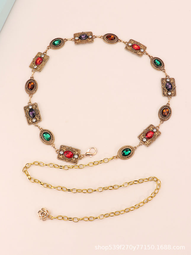 Cross-Border Vintage Bohemian Rhinestone Belt, Fashionable Hollow-Out Antique Silver Chain, European and American Luxury Rhinestone Waist Chain
