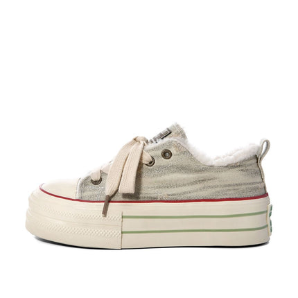 Korean Thick-Soled Canvas Shoes for Women 2025 New Design Niche Fleece-Lined Sneakers Casual Cloth Shoes Starlight Gold
