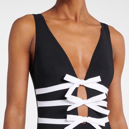 2025 European and American Swimwear New V-neck Bow Hollow Black and White Swimsuit Beach suit Women's Cross-border 25296