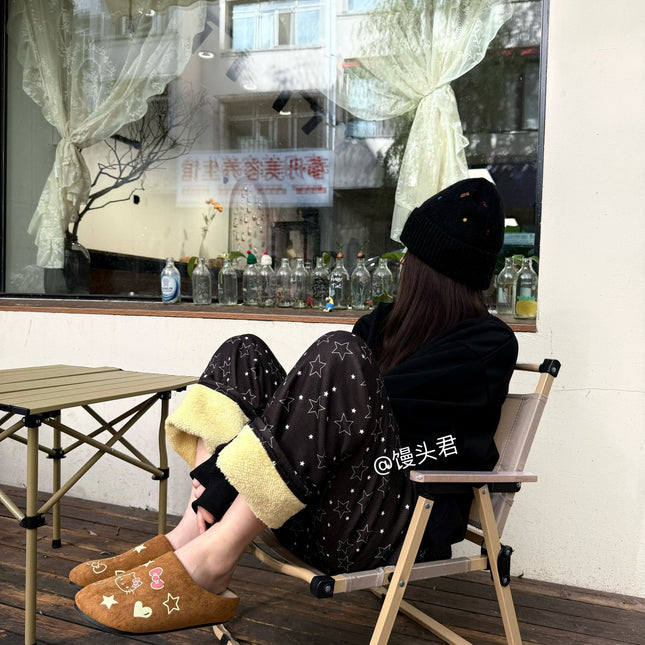 [Add fertilizer to increase] winter fleece-lined thick lambswool plat pants women's high waist warm casual pants