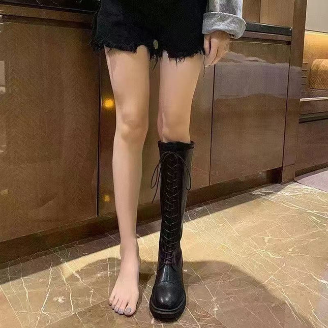 Knight Boots Women's 25 Autumn and Winter New Versatile Elastic Slim Boots Lace-Up High Boots Flats Bottom No-Knee Boots