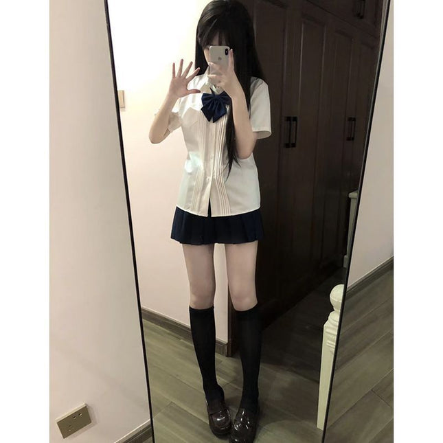 Jk Uniform Shirt Small Fresh Slim Shirt Japanese College Style Summer New Organ Pleated Basic White Shirt