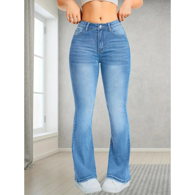 European and American Cross-Border Women's Jeans Stretch Multi-Craft Flap Pocket Pants Design Loose Bell Bottoms Slim Light Blue Trousers
