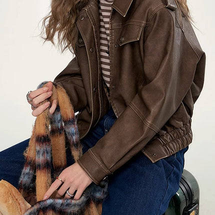 Maillard Leather Coat Women's 2024 Autumn New Fashion American Retro Tooling Elegant Short Coat