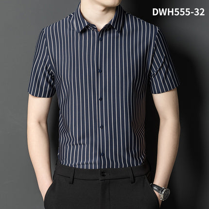 Summer New Vertical Striped Shirt for Men, Short-Sleeved Business Casual High-Elastic Seamless Shirt, Slim Fit Light Business