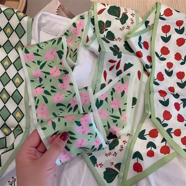 Long Small Silk Scarf Women's Green Style Small Fresh Ribbon Hair Band Tie Hair Binding Bag Decorative Long Professional Scarf
