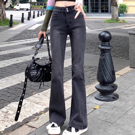 Black Grey Micro La Jeans Women's Autumn Trendy All-match New High Waist Slimming Slim-fit Trumpet Long Pants