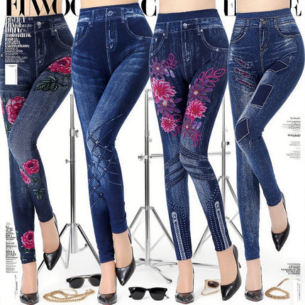Korean Style New Ripped Heart Flower Leggings Cotton Seamless Printed Tight Imitation Denim Blue Nine-Point Pants