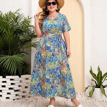 2025 Cross-border New French Elegant Elegant plus size dress Line-drawing Floral V-neck Short-sleeved Waisted Long Dress