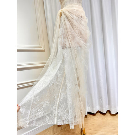 Dinner Dress Niche Design Fishbone with Chest Pad Single Shoulder Mesh Stitching Lace Split Floor Dress