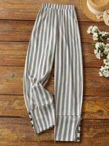 Cross-border independent station ladies casual striped trousers with decorative buttons and split design