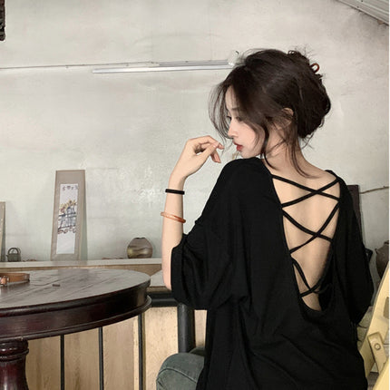 Cross Backless Short-sleeved T-shirt Women's Summer New Arrival Laid-back Loose Casual Design Hot Girls Chic Trendy Top