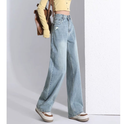 light blue Straight Leg Jeans Women's Trendy All-match New Arrival plus size Loose High Waist Slimming Narrow Wide Leg Long Pants