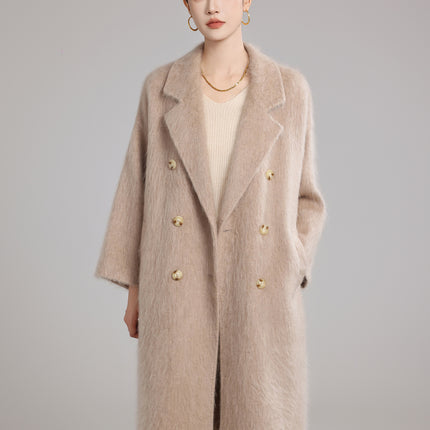 New Light Luxury Soft Brushed 100% Cashmere Long Coat for Women, Oversized Double-Breasted Loose Extended Coat
