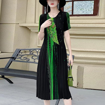 Miyake pleated 2025 summer new temperament round neck printed pleated skirt fashion waist thin magic dress