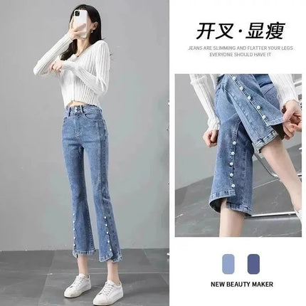 Vintage Blue Slip Micro-flared Jeans Women's Trendy All-match New High Waist Slimming Cropped Irregular Flared Pants