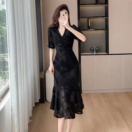 Yujie Fan Long Dress Cross-border 2024 Summer Internet Celebrity Elegant Waist Lace Fishtail Dress Yujie Light Luxury dress
