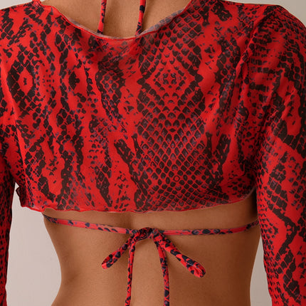 Amazon 2025 New Split Swimsuit Women's Red Printed Sexy Three-Point Bikini Sunscreen Swimwear