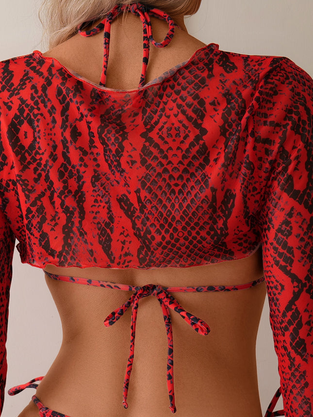 Amazon 2025 New Split Swimsuit Women's Red Printed Sexy Three-Point Bikini Sunscreen Swimwear