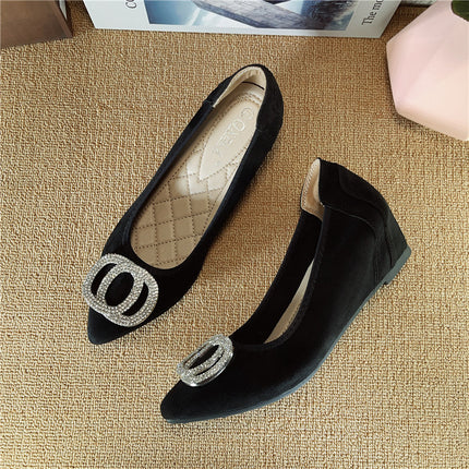 Women's Height-Increasing Shoes 2026 Spring New Suede Rhinestone Pointed Toe Shallow Wedge Comfortable Trendy Loafers