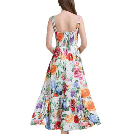 Real Shot Summer Positioning Printed Positioning Sling Slim-fit Waist dress Back Rubber Dress
