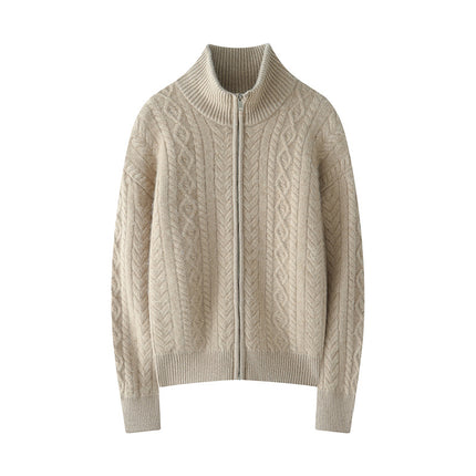 Stand Collar Five-Pin Thickened Cable Heavy Cashmere Cardigan Women's Retro Zipper Long-Sleeved Sweater