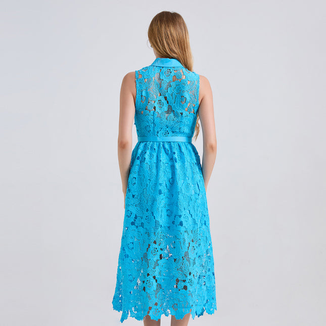 Actual Shot of New Summer Products, Contrasting Color Shirt Collar, Slim High-Waisted Sleeveless Dress, Waist-Cinching Diamond Button Skirt