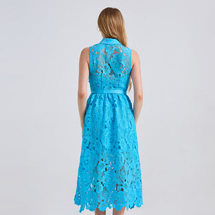 Actual Shot of New Summer Products, Contrasting Color Shirt Collar, Slim High-Waisted Sleeveless Dress, Waist-Cinching Diamond Button Skirt